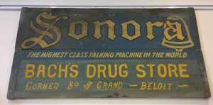Advertising sign for Bach's Drug Store featuring Sonora Phonographs.